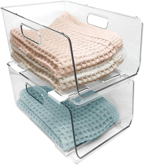 Isaac Jacobs 2-Piece Large Deep Stackable Clear Storage Bins, Versatile Use, Set of 2 for Desk, Office, Bathroom