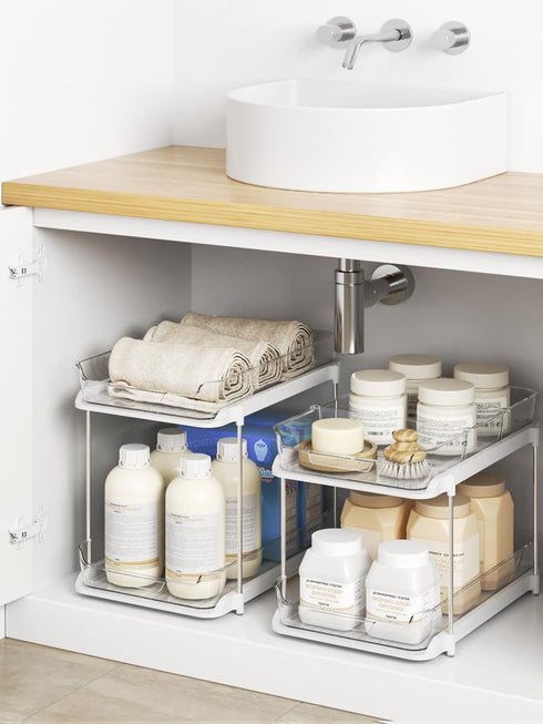 Delamu 2 Sets of 2-Tier Multi-Purpose Bathroom Under Sink Organizers and Storage, Stackable Kitchen Pantry Organization