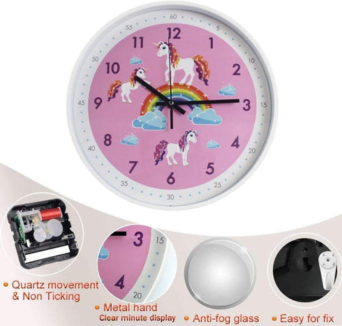 Pink Wall Clock - Silent Non Ticking Décor for Kids Room, Office, School, Bedroom, Kitchen, 12 Inch