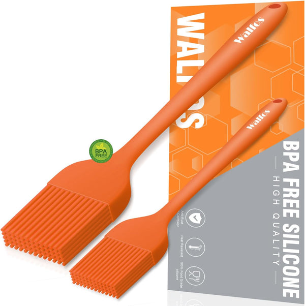 Walfos Silicone Basting Pastry Brush Set, Heat Resistant with Strong Steel Core, BPA Free, 2 Pcs (Orange)
