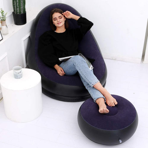 MENGDUO Inflatable Leisure Sofa Chair and Footstool Outdoor Folding Lounger Sofa Flocking Lazy Couch (Navy)
