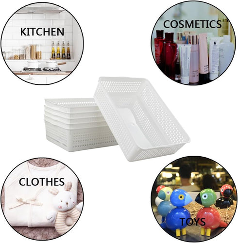 Plastic Storage Trays Baskets, Set of 6 Organizing Baskets, 13.2 x 9.6 x 3.6 Inches (White)
