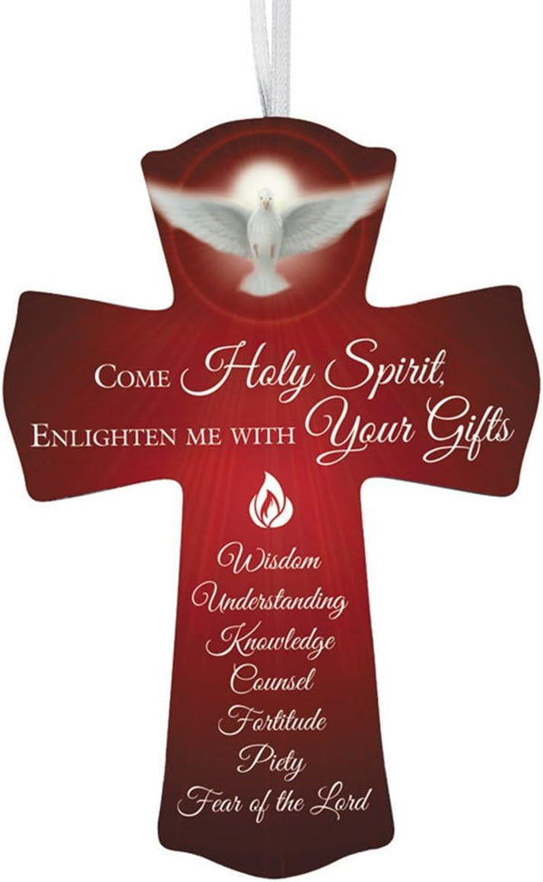 Confirmation Cross Gift, Come Holy Spirit Wooden Cross with White Ribbon Hanger, 6 Inch