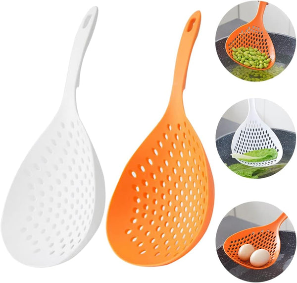 2 Pieces Slotted Strainer Scoop Colander, Plastic Skimmer Spoon with Handle for Kitchen Cooking, White and Orange