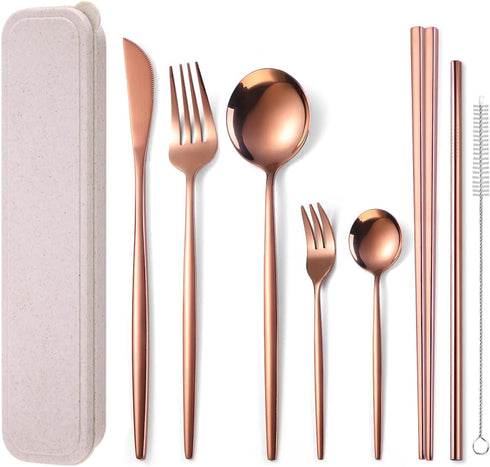 AARAINBOW 8 Pieces Portable Reusable Stainless Steel Flatware Set, Travel Utensils Including Chopsticks, Knife, Fork,