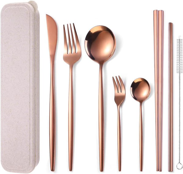 AARAINBOW 8 Pieces Portable Reusable Stainless Steel Flatware Set, Travel Utensils Including Chopsticks, Knife, Fork,