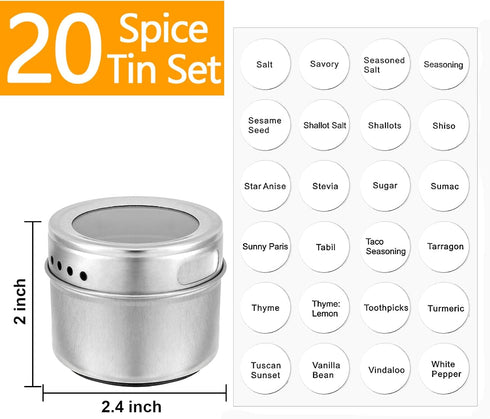 20 Pack 240 Set Bekith Magnetic Spice Jars, Magnetic Spice Containers for Refrigerator, Seasoning Tins with Clear Top