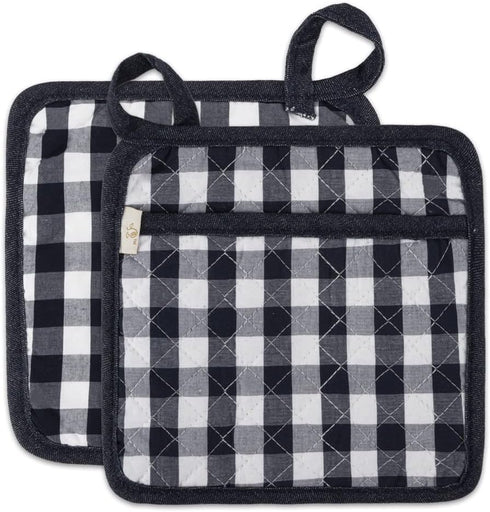 NEOVIVA Quilted Kitchen Pot Holder Set - 2 Hot Pot Holders, 8”x8”, Heat Resistant with Pocket, Checked Navy Blue