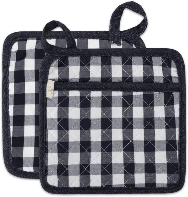 NEOVIVA Quilted Kitchen Pot Holder Set - 2 Hot Pot Holders, 8”x8”, Heat Resistant with Pocket, Checked Navy Blue