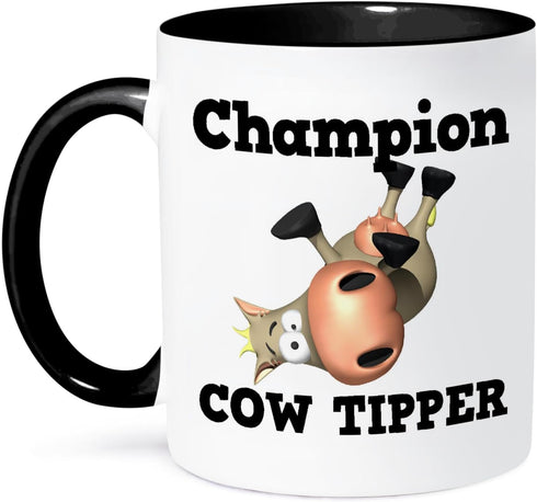 3dRose Funny Champion Cow Tipper | Cowin Tipping Humor Two Tone Mug, 11 oz, Black/White