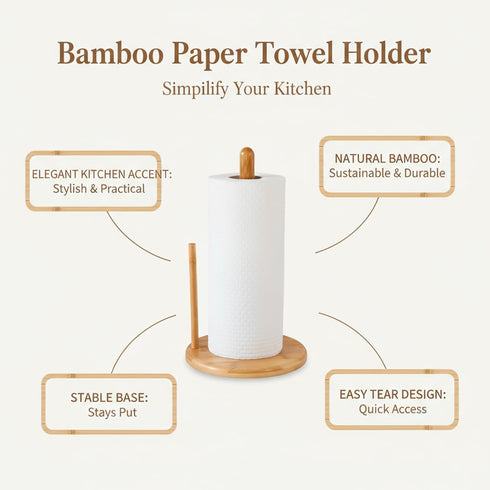 Countertop Bamboo Paper Towel Holder, Natural Bamboo Wooden Standing Paper Towel Holder, Free-Standing Kitchen Roll