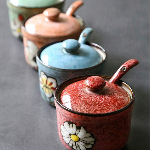 VanEnjoy Traditional China Retro Hand Painted Flower Ceramic Round Sugar Spice Containers - Porcelain Jar with Spoon