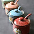 VanEnjoy Retro Hand Painted Flower Ceramic Round Sugar Bowl, Porcelain Spice Container with Spoon