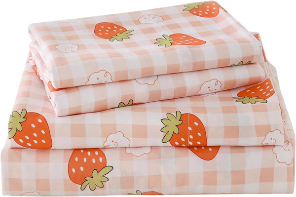 Yibeizi Pink Strawberry Sheet Set for Girls, Cute Full Size Kids Checkered