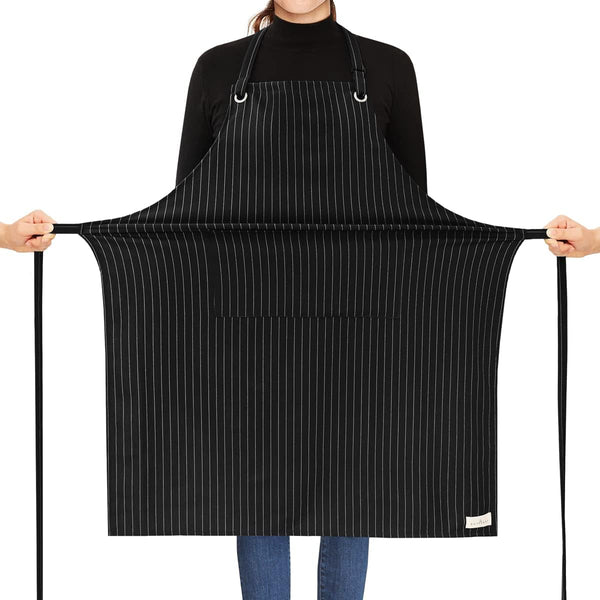 ROTANET Stripe Stretch Apron for Men and Women, Adjustable Bib with 2 Pockets for Kitchen Cooking