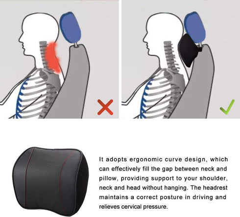 Car Headrest Neck Rest Pillow - 100% Memory Foam Leather Cushion for Driving, Relieve Neck Pain (Black)