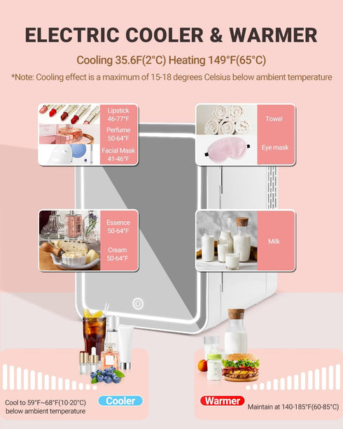 Mini Fridge Skincare with Dimmable LED Light Mirror, 4L/6Can Cooler & Warmer Mini Fridge for Skincare and Makeup,