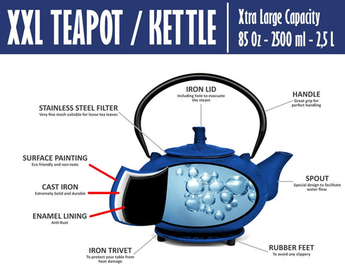 85 Oz/2500ml Set XXL Japanese Cast Iron Teapot with Infuser & Matching Trivet - Large Tetsubin Loose Leaf Tea Pot