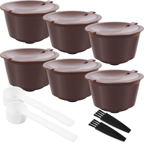 6 Pcs Refillable Coffee Pods Kit, 5.4x3.5 cm Food Grade PP Coffee Capsule with 2 Spoon and 2 Brush