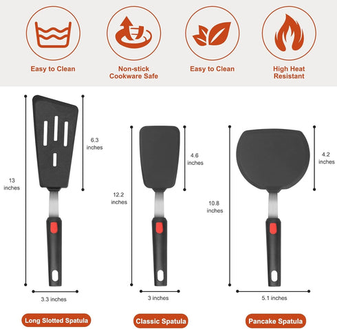 Hotec Silicone Spatula Turner Set of 3, 600°F Heat Resistant, Large Flexible Rubber Spatula for Nonstick Cookware