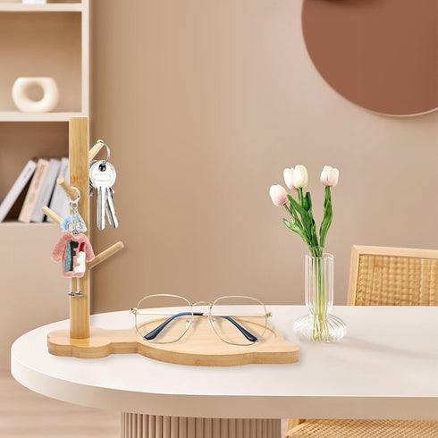 Wood Key Tray with 3 Stand Branch Vertical, Modern Cat Tray for Entryway Table, Valet Organizer for Livingroom, Bedroom