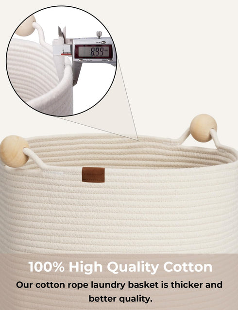 StorageWorks 72L Cotton Rope Laundry Basket with Wooden Beads Handles, Woven Storage for Clothes, White & Khaki