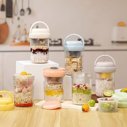 2 Pack 16oz Overnight Oats Containers with Lids and Handles, Folding Spoons & Divided Compartments for Fruit & Nuts