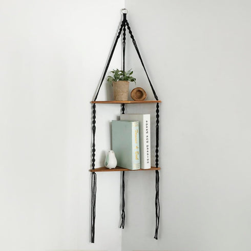 2 Artilady Macrame Corner Shelf Wall Hanging - Tier Black Corner Floating Shelves Boho Wall Decor, Rustic Wooden Plant