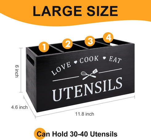 Black Farmhouse Utensil Holder for Kitchen Counter, Extra Large Caddy for Rustic Wood Kitchen Tool Decor