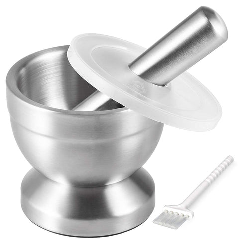 Tera 18/8 Stainless Steel Mortar and Pestle with Brush - Pill Crusher and Spice Grinder