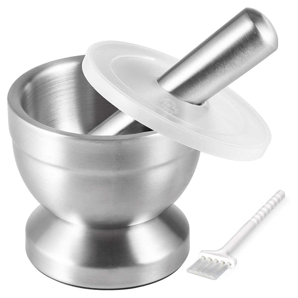 Tera 18/8 Stainless Steel Mortar and Pestle with Brush - Pill Crusher and Spice Grinder