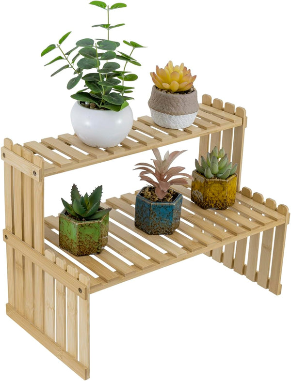 MyGift Natural Bamboo Indoor Plant Stand for Desk, 2 Tier Desktop Shelf