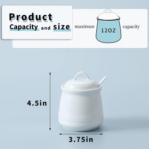 HAOTOP Porcelain Sugar Bowl, Ceramic Salt Bowl with Spoon and Lid, 12 Ounces White