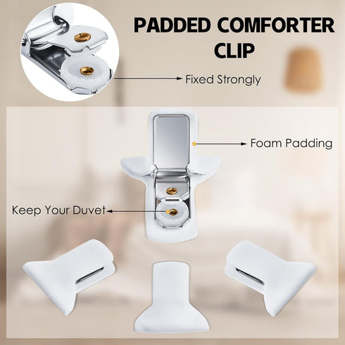 Padded Comforter Clips, White Padded Duvet Clips, Blanket Fasteners to Secure Bedding, Prevent Comforters From Shifting