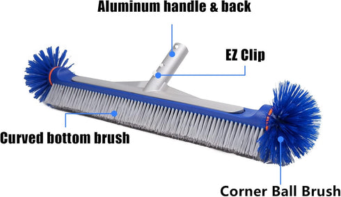 17.5" Poolvio Professional Floor & Wall Pool Cleaning Brush with Tough Around Nylon Bristles, EZ Clip Aluminum Handle