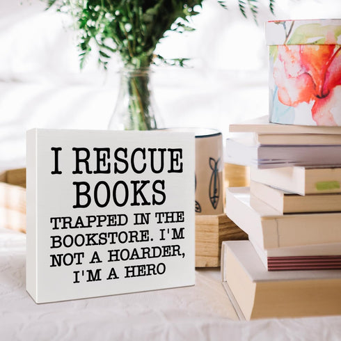 NKBINLILI I Rescue Books Library Bookshelf Wood Box Decor Accessories Sign, Bookish Wooden Box Sign Decor, Book Lovers