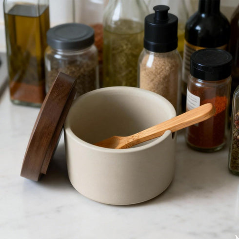 Rliguanrui 3.5" Countertop Handmade Ceramic Salt Cellar with Acacia Wood Lid & Spoon - Wide Mouth Kitchen Jar for Salt