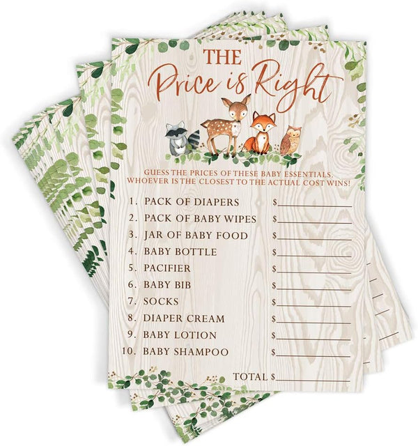 Printed Party Baby Shower Games – The Price is Right Game, Woodland Forest Animals Theme, 50 Cards