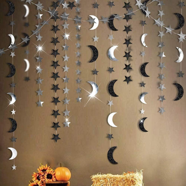 Cheerland Black Silver Moon Decoration - Star and Gothic Summerween Decor Garland for Birthday and Halloween
