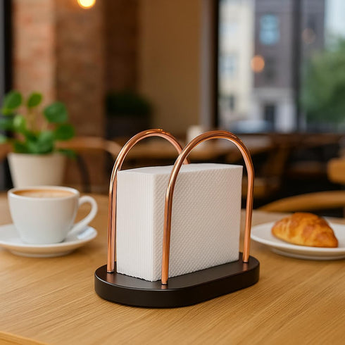 Wood Napkin Holder for Tabletop, Chestnut Wood with Black Copper Wire, Tissue Paper Dispenser
