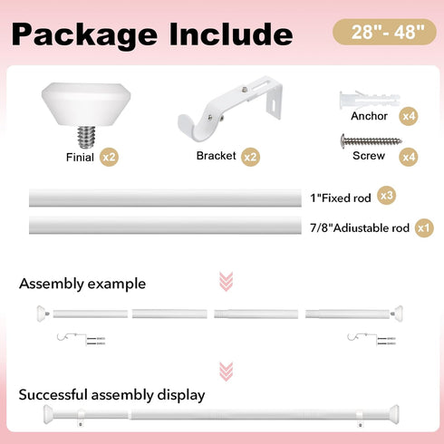 Heavy Duty Curtain Rods for Windows: 1 Inch Adjustable White Curtain Rods for 28 to 48 Inch Windows