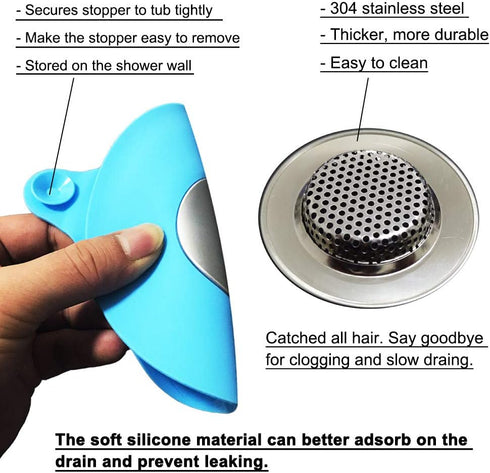 2PCS Bathtub Stopper Hair Catcher Kit, Silicone Drain Stopper for Bathroom, Laundry, Tub Strainer