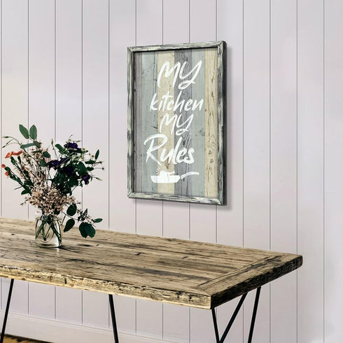 24x16 Inches Kitchen Quotes Framed Wall Art: Funny My Kitchen My Rules Wooden Painting Print Rustic Farmhouse Saying