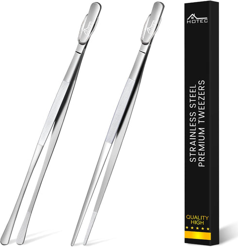 Hotec Stainless Steel Kitchen Tweezers, Professional Tongs for Cooking, Extra-Long Food Tweezers, Set of 2