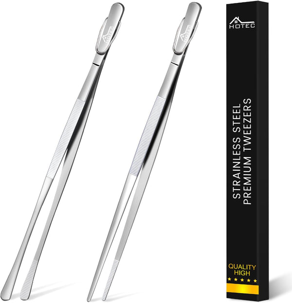 Hotec Stainless Steel Kitchen Tweezers, Professional Tongs for Cooking, Extra-Long Food Tweezers, Set of 2