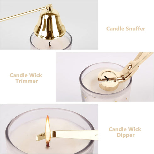 3 in 1 Candle Snuffer Kit, Long Handle Extinguisher, Wick Trimmer, Cutter, Dipper - Gold