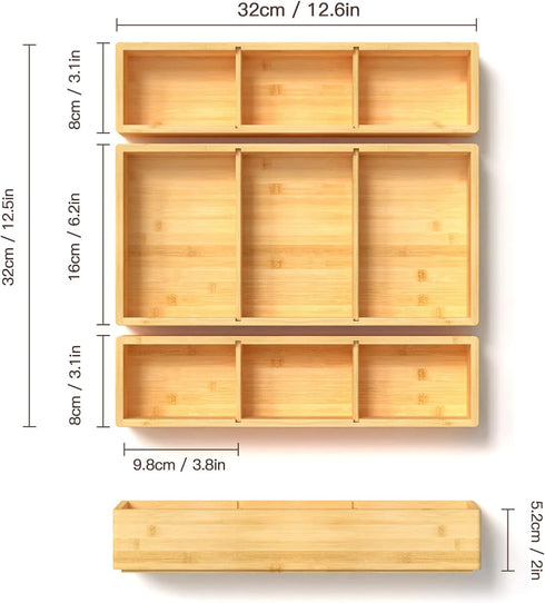 Bamboo Drawer Organizer Box 12.5'' X 12.5'' X 2'', Adjustable 3 Individual Storage Containers Drawer Divider for Kitchen, Bathroom, Makeup, Junk, Dresser, Pantry by DUJEN