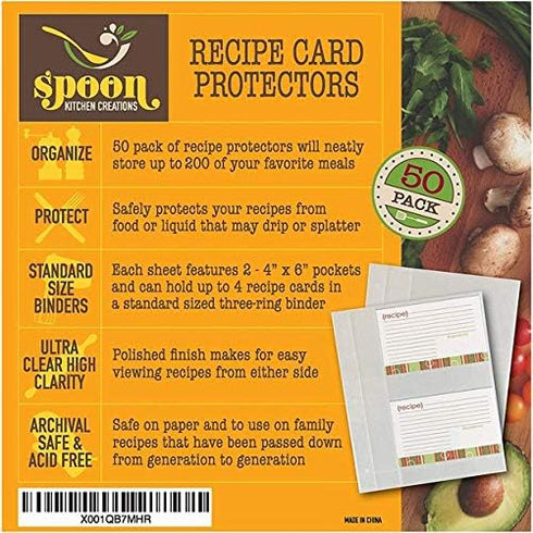 Recipe Card Protectors: Refill Sheets for 3 Ring Binders, Holds 4 x 6-Inch Pockets, 50 Pack