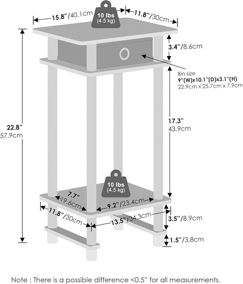 1-Pack, Furinno Turn-N-Tube Tall Nightstand with Bin, Plastic Poles, Espresso/Brown