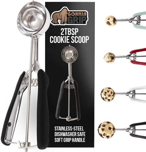 GORILLA GRIP Stainless Steel Cookie Scoop, 2 TBSP, Multipurpose Melon Baller and Meatball Spring Scoops, Black